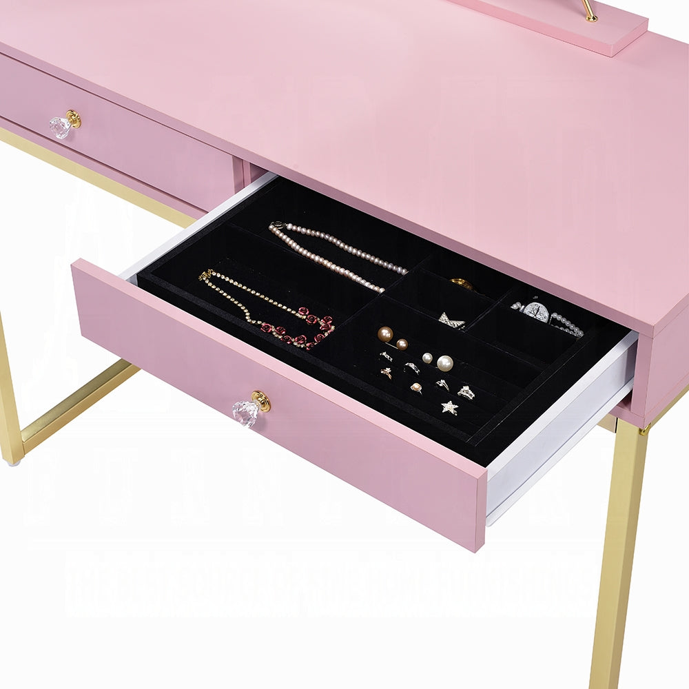 Coleen Vanity Desk W/Mirror & Jewelry Tray Pink & Gold Finish