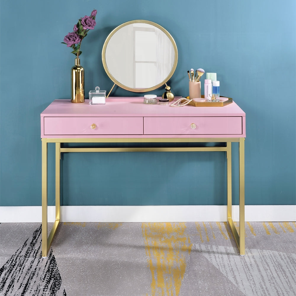 Coleen Vanity Desk W/Mirror & Jewelry Tray Pink & Gold Finish