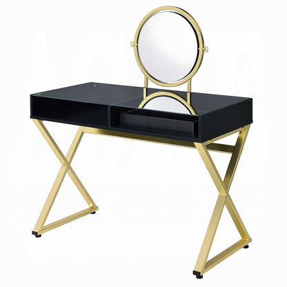 Coleen Vanity Desk W/Mirror & Jewelry Tray Black & Gold Finish