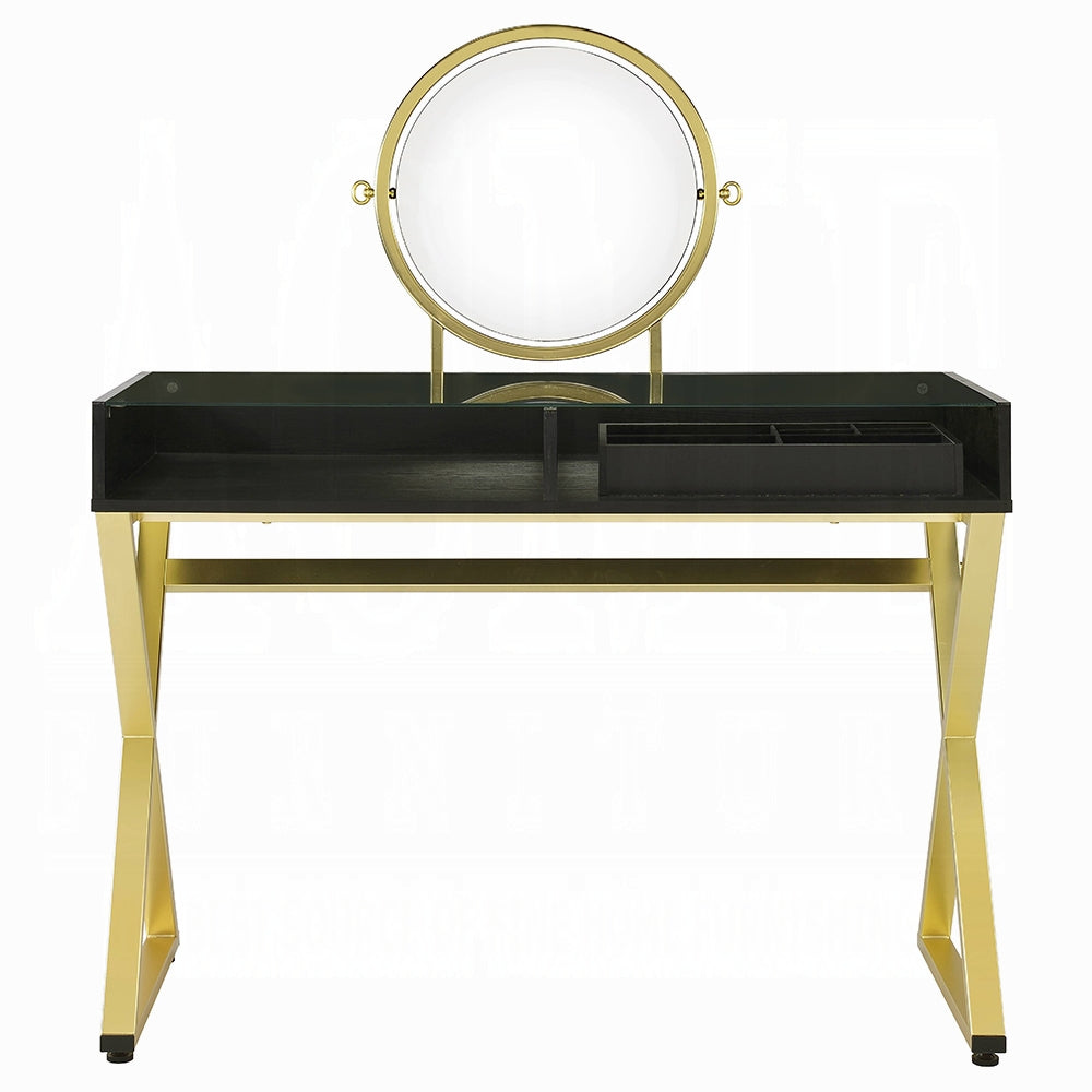 Coleen Vanity Desk W/Mirror & Jewelry Tray Black & Gold Finish