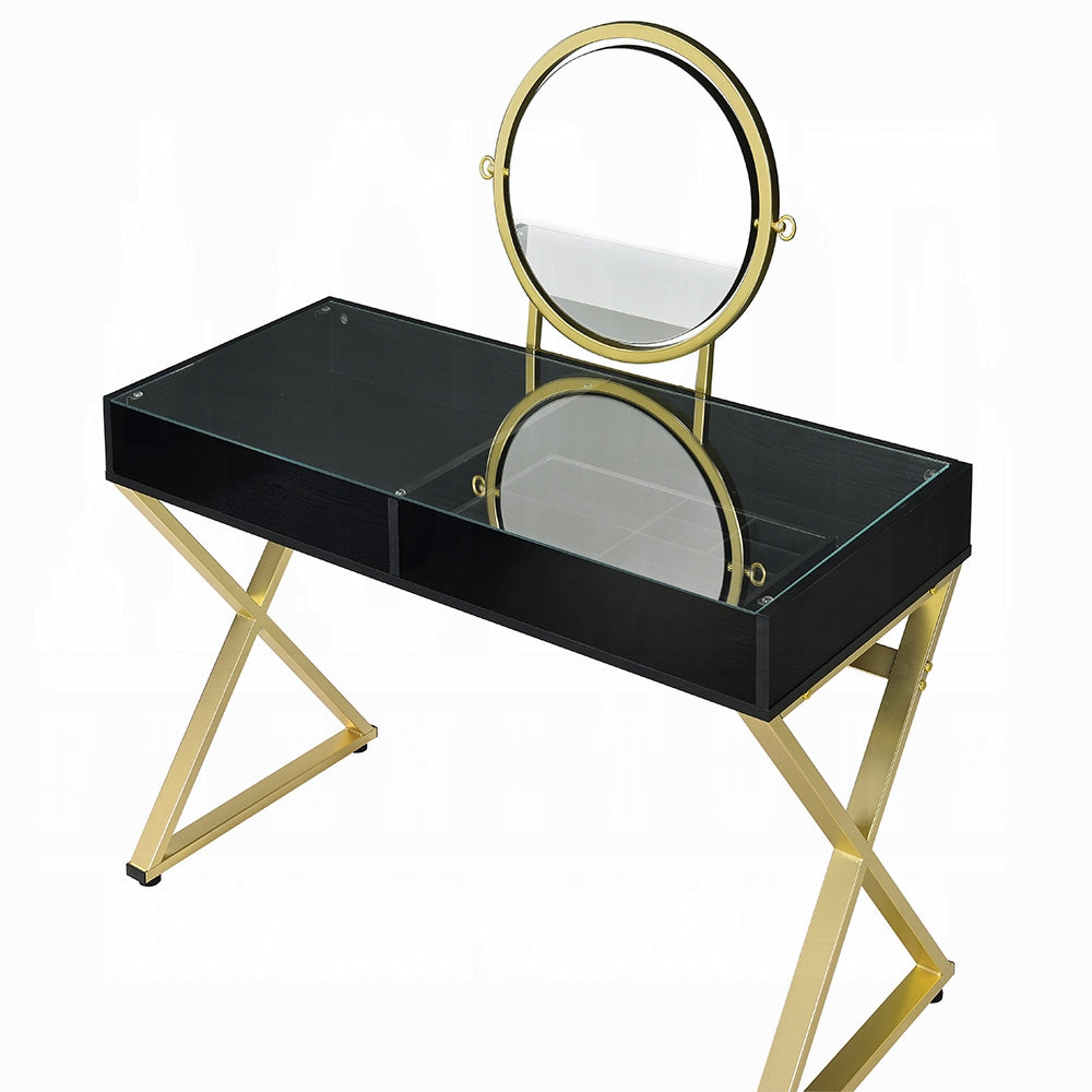 Coleen Vanity Desk W/Mirror & Jewelry Tray Black & Gold Finish