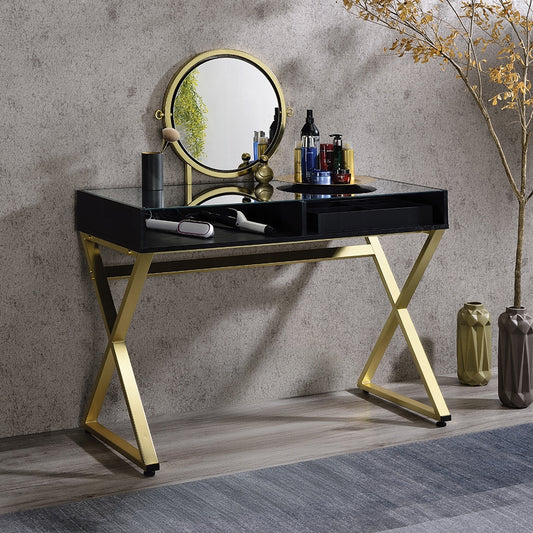 Coleen Vanity Desk W/Mirror & Jewelry Tray Black & Gold Finish