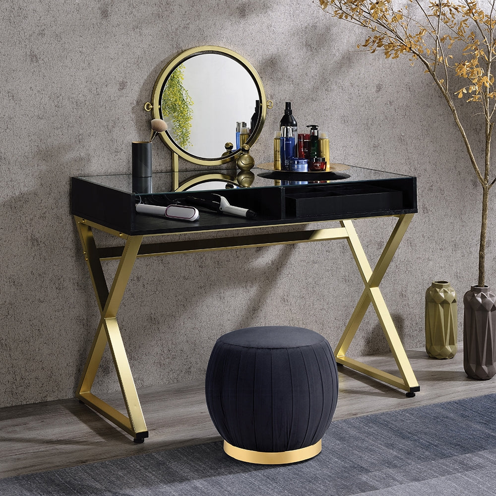 Coleen Vanity Desk W/Mirror & Jewelry Tray Black & Gold Finish