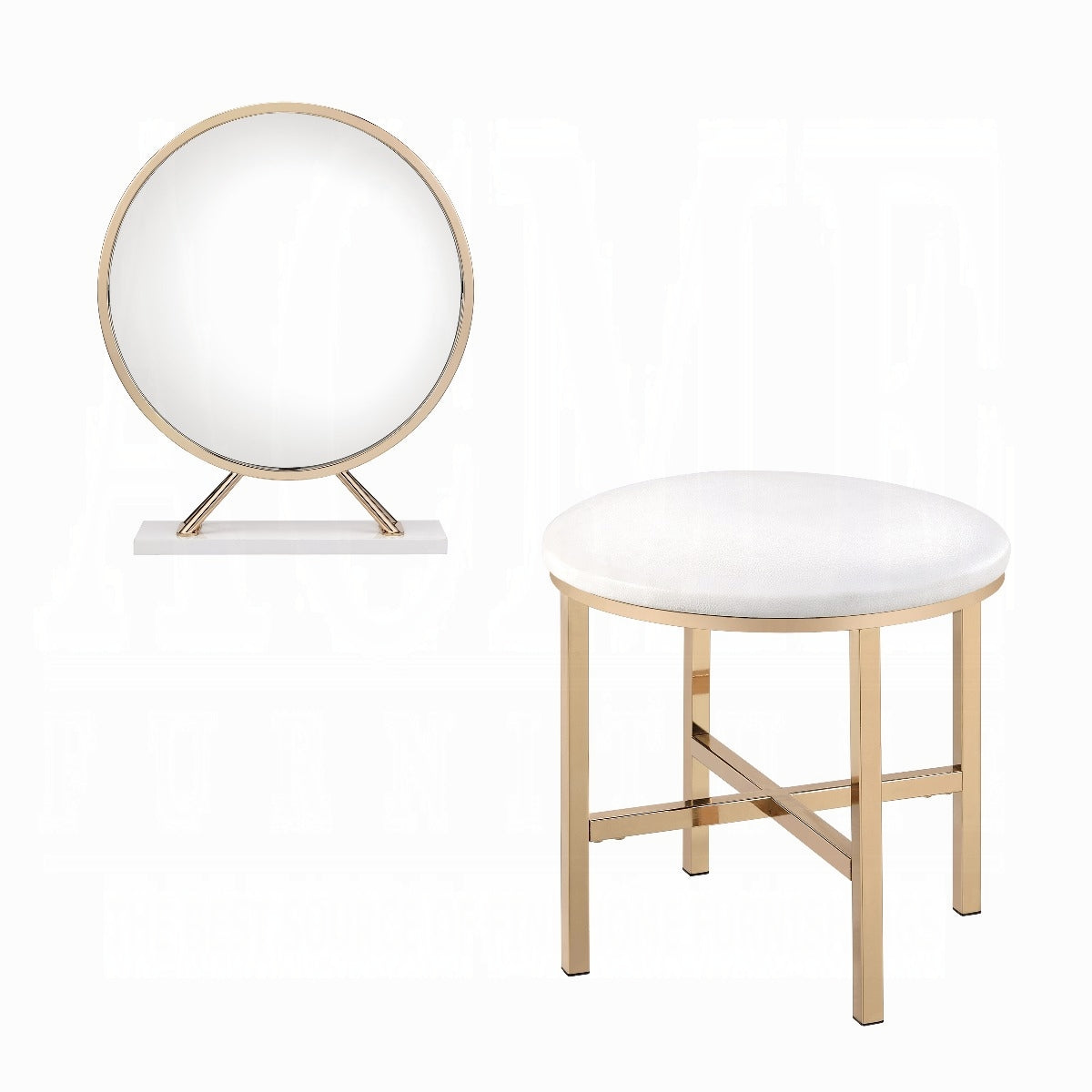 Midriaks Synthetic Leather , White & Gold Finish Mirror & Stool