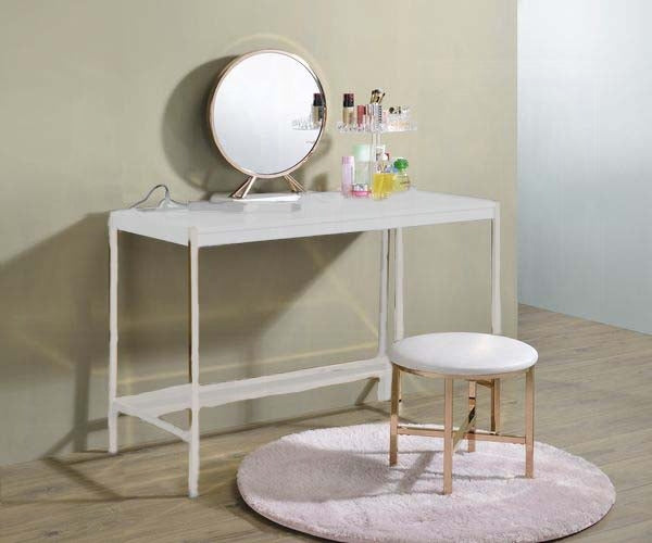 Midriaks Synthetic Leather , White & Gold Finish Mirror & Stool