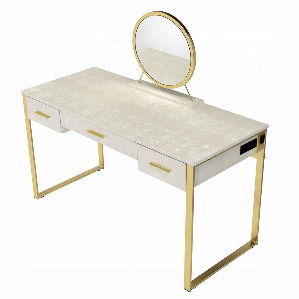 Myles Antique White & Champagne Finish Vanity Set W/USB