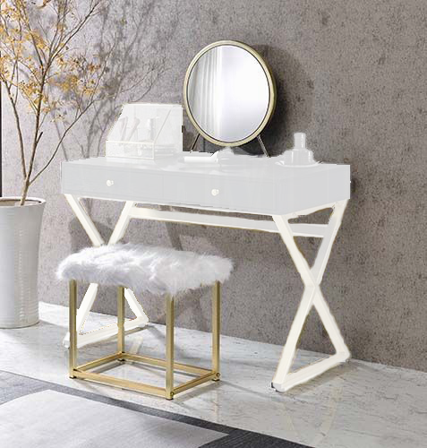 Adao Vanity Faux Fur, Mirror, Black & Brass Finish Mirror & Stool