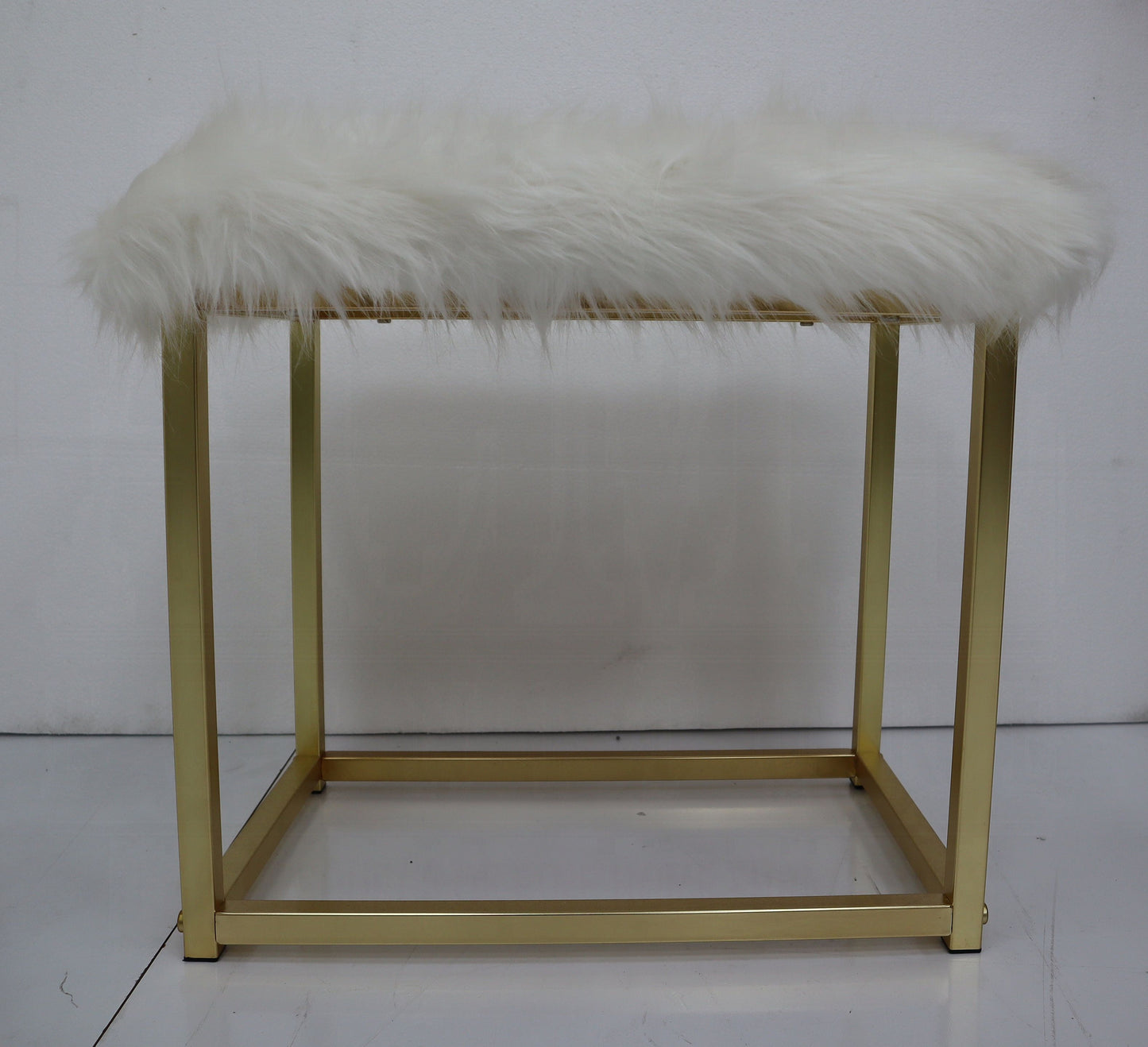 Adao Vanity Faux Fur, Mirror, Black & Brass Finish Mirror & Stool