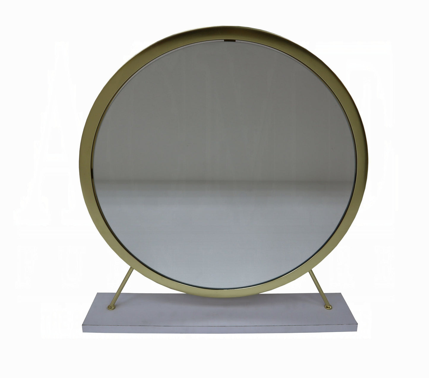 Adao Vanity Faux Fur, Mirror, White & Brass Finish Mirror & Stool