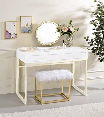 Adao Vanity Faux Fur, Mirror, White & Brass Finish Mirror & Stool