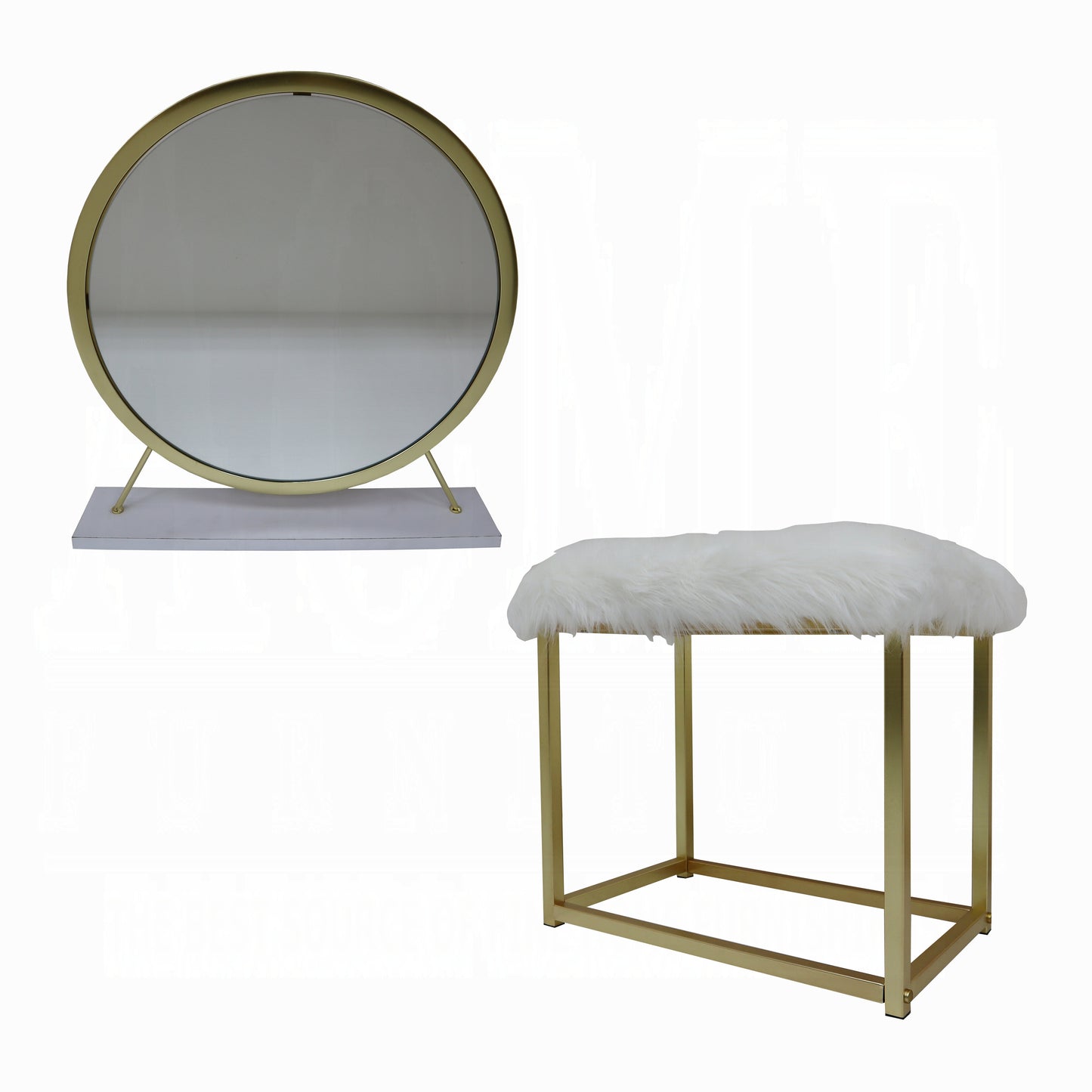 Adao Vanity Faux Fur, Mirror, White & Brass Finish Mirror & Stool