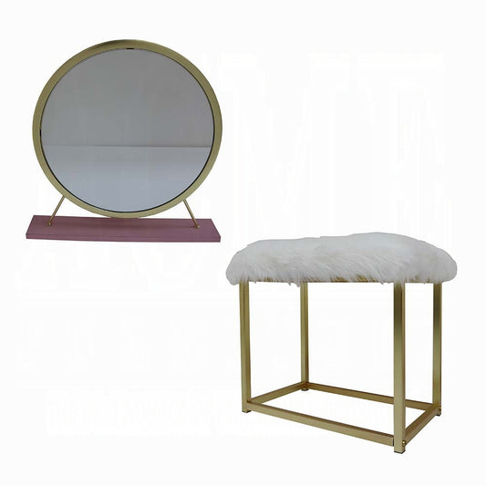 Adao Vanity Faux Fur, Mirror, Pink & Gold Finish Mirror & Stool