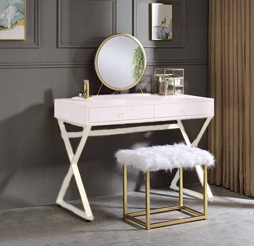 Adao Vanity Faux Fur, Mirror, Pink & Gold Finish Mirror & Stool