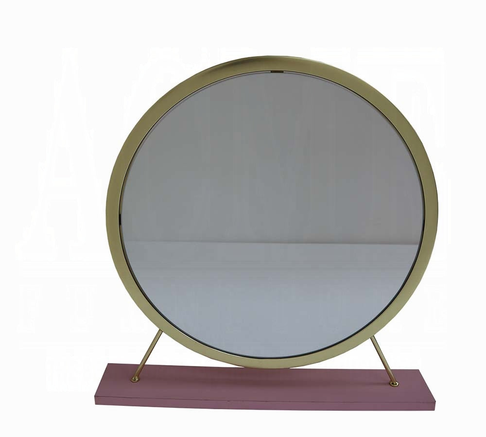 Adao Vanity Faux Fur, Mirror, Pink & Gold Finish Mirror & Stool