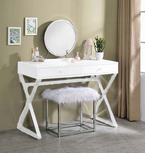 Adao Vanity Faux Fur, Mirror, White & Chrome Finish  Mirror & Stool