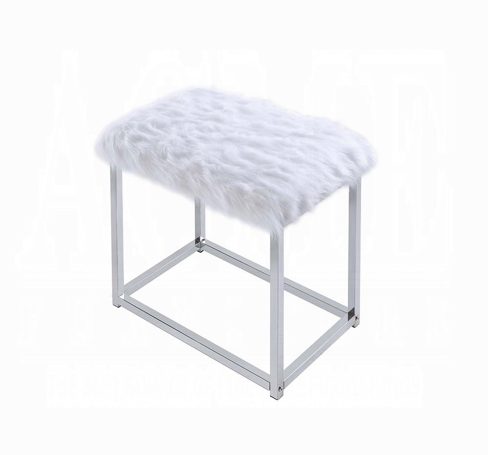 Adao Vanity Faux Fur, Mirror, White & Chrome Finish  Mirror & Stool