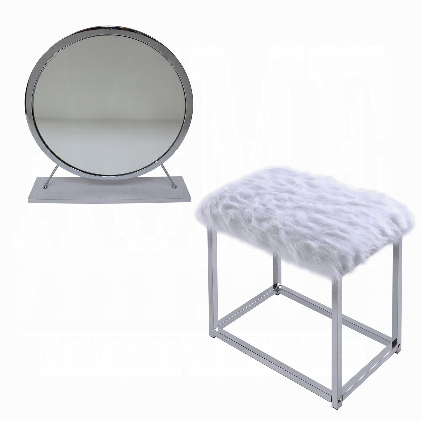 Adao Vanity Faux Fur, Mirror, White & Chrome Finish  Mirror & Stool