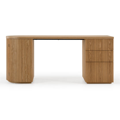 Albrite Modern Natural Ash Veneer Writing Desk with Cabinet and Drawers – 70"