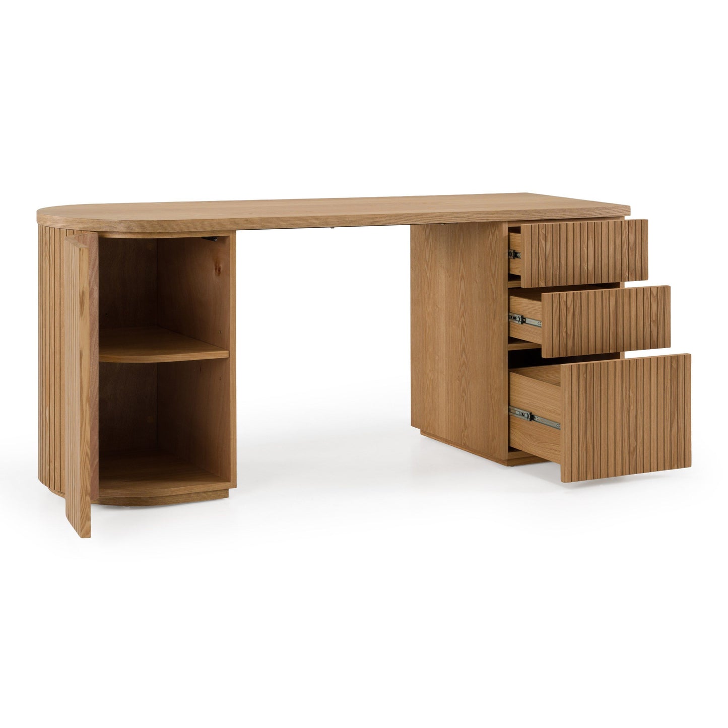 Albrite Modern Natural Ash Veneer Writing Desk with Cabinet and Drawers – 70"