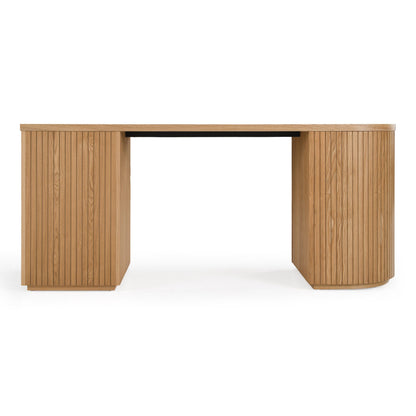 Albrite Modern Natural Ash Veneer Writing Desk with Cabinet and Drawers – 70"