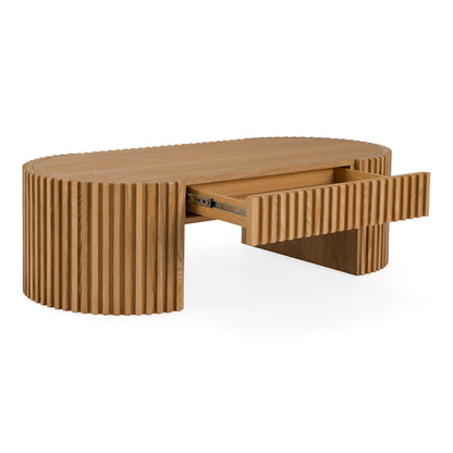 Albrite Modern Natural Ash Veneer Oval Coffee Table with Drawer – 51.2"