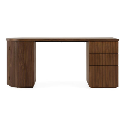Albrite Modern Walnut Veneer Writing Desk with Cabinet and Drawers – 70"