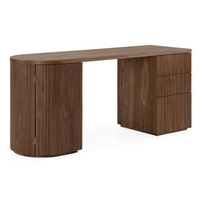 Albrite Modern Walnut Veneer Writing Desk with Cabinet and Drawers – 70"