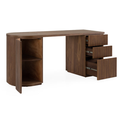 Albrite Modern Walnut Veneer Writing Desk with Cabinet and Drawers – 70"