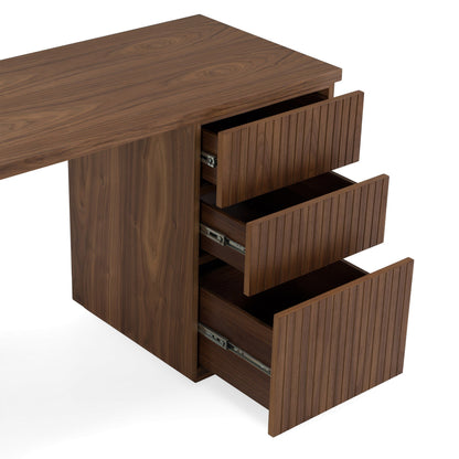 Albrite Modern Walnut Veneer Writing Desk with Cabinet and Drawers – 70"