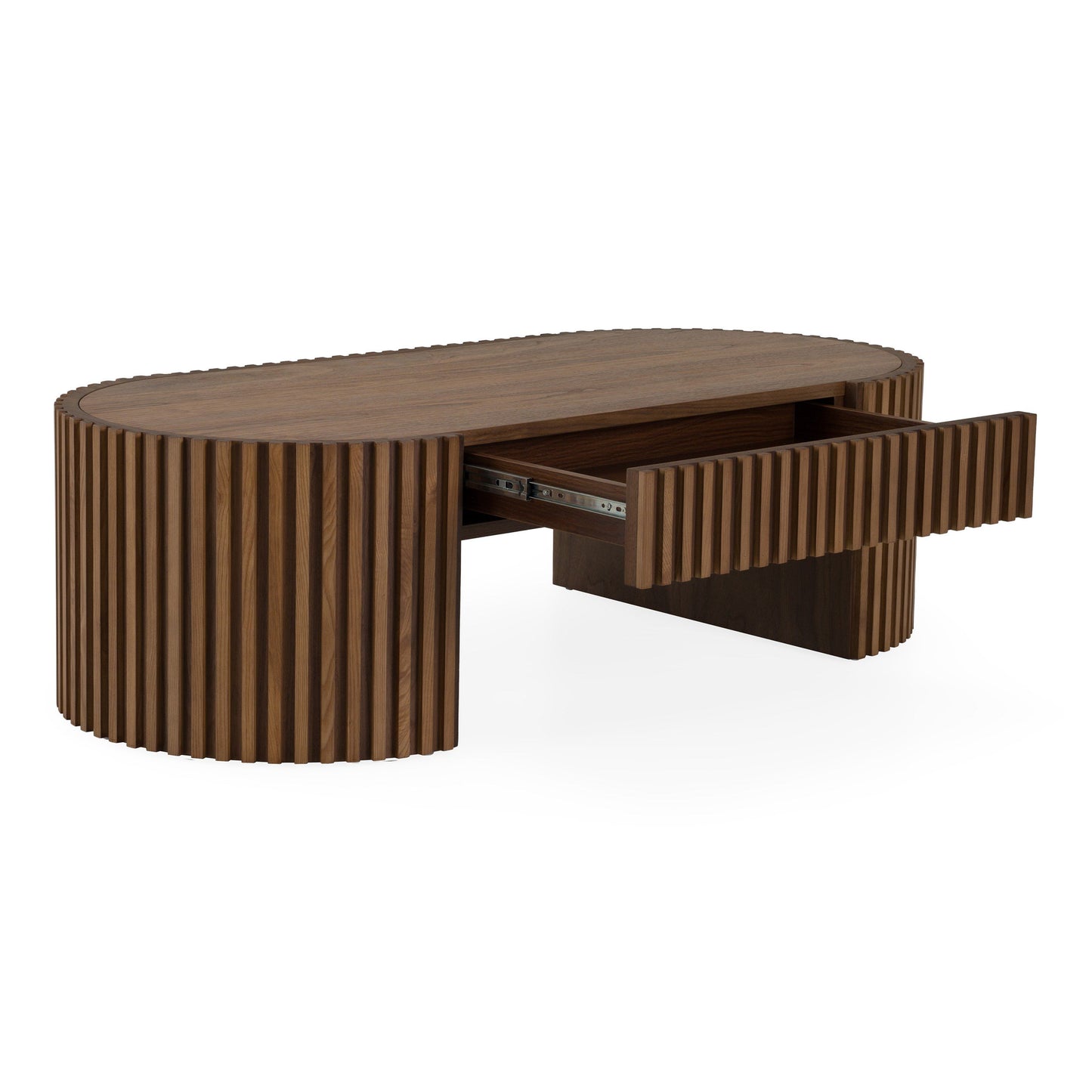 Albrite Modern Walnut Veneer Oval Coffee Table with Drawer – 51.2"