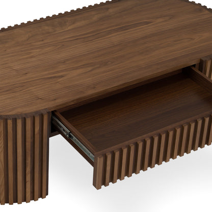 Albrite Modern Walnut Veneer Oval Coffee Table with Drawer – 51.2"