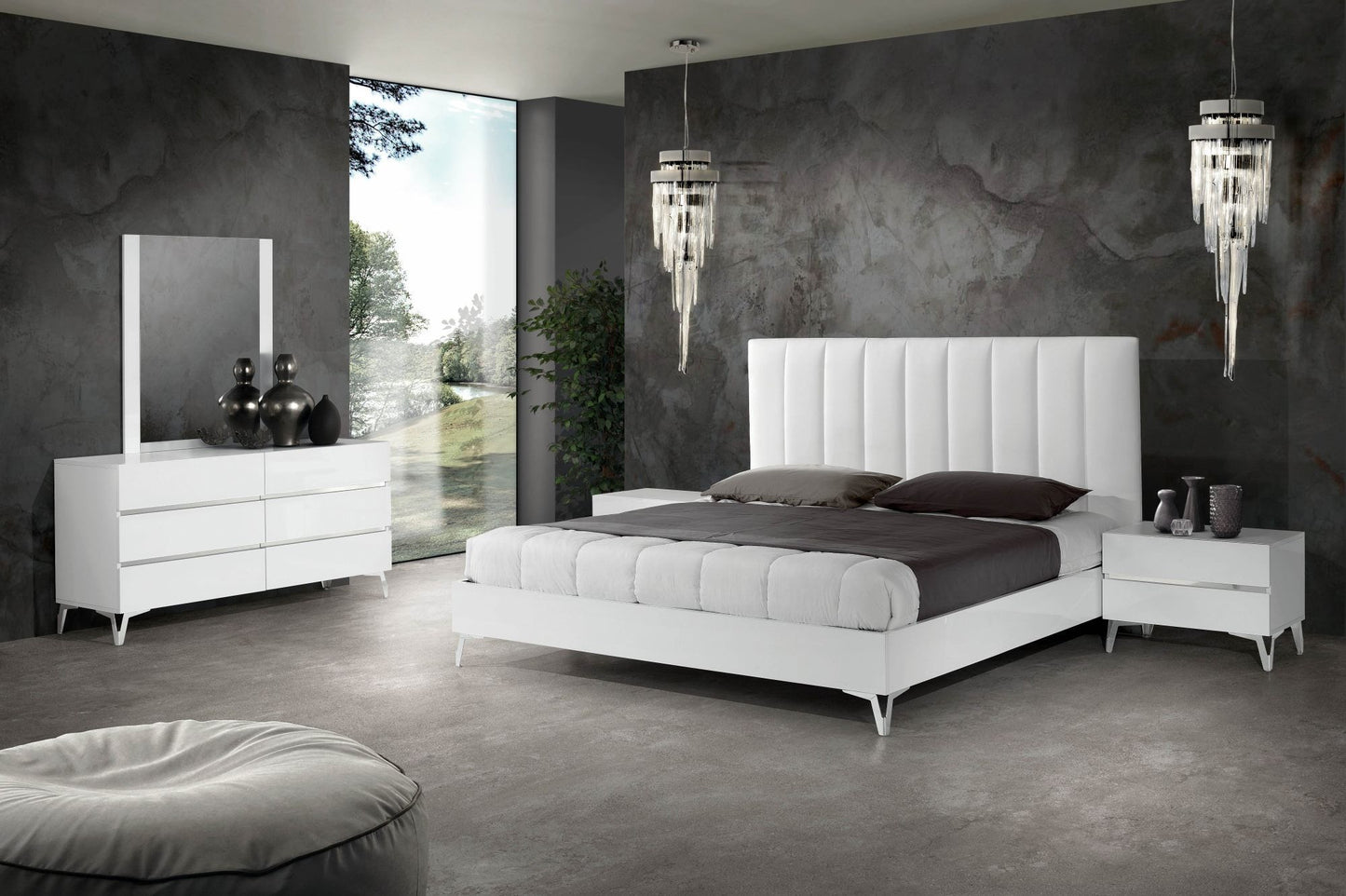 Nova Domus Angela - Italian Modern White Eco Leather Bed w/ Nightstands