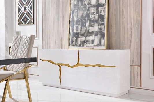 Aspen White High Gloss Buffet with Champagne Gold Accents