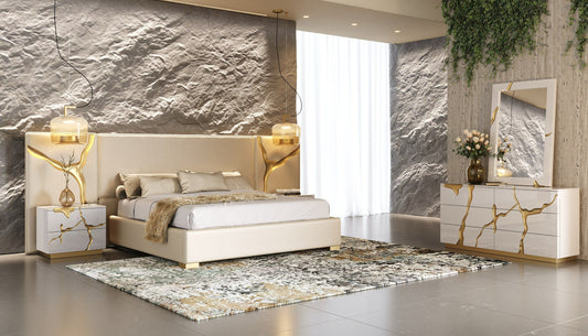 Modrest Aspen Modern 4-Piece Bedroom Set – Beige, White & Gold Finish