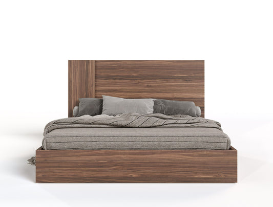 Asus Italian Walnut Matte Finish Platform Bed with High Headboard and Slatted Base