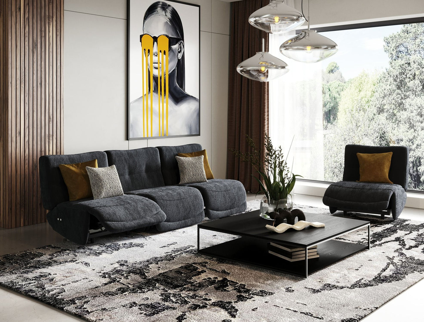 Divani Casa Basil - Modern Dark Grey Fabric Small Sofa With 3 Electric Recliners