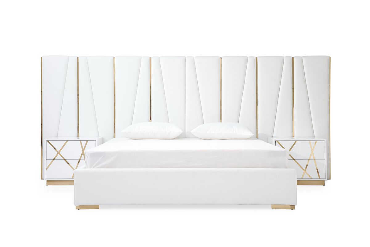 Nixa White Bonded Leather and Gold Platform bed