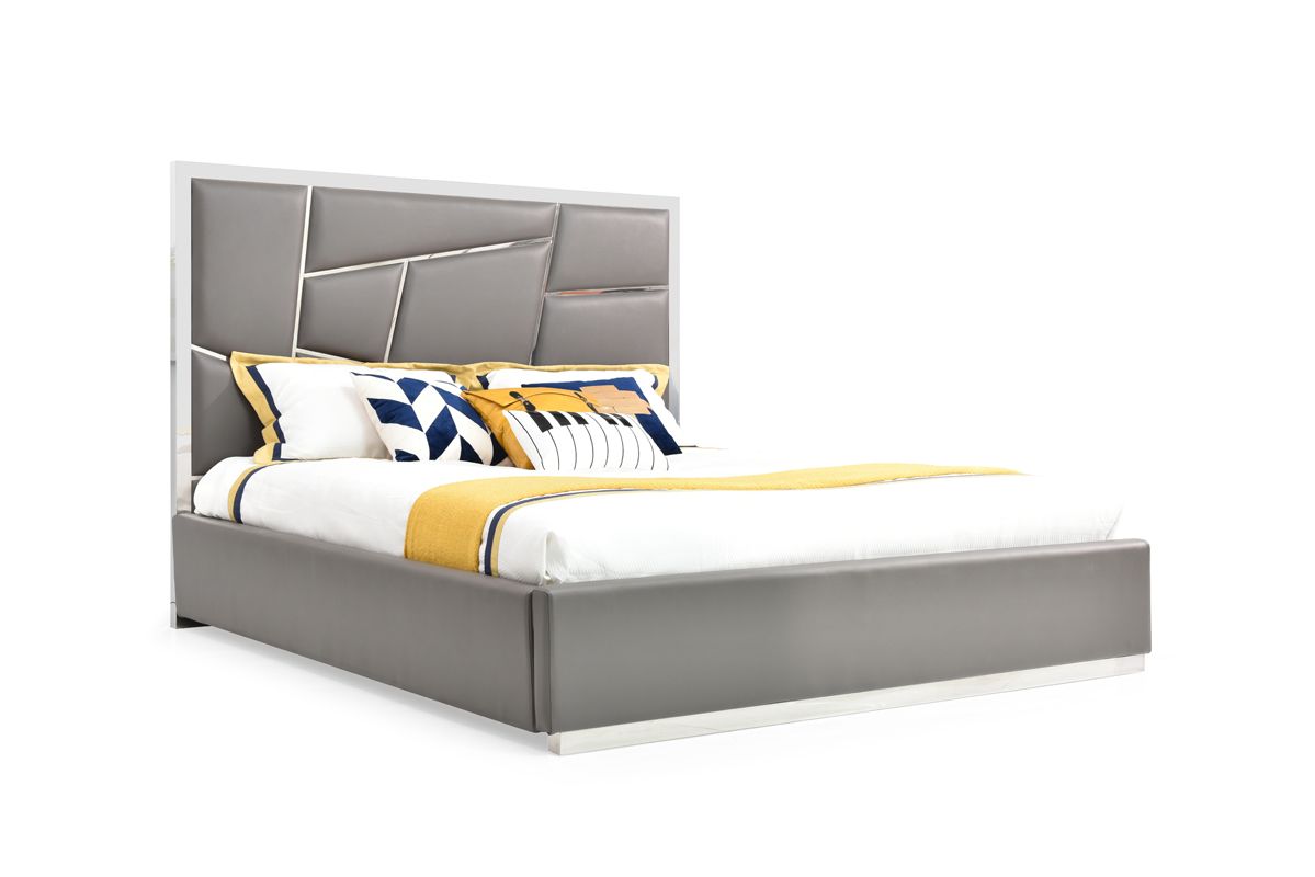 Chrysler Grey Bedroom Set – Bonded Leather Bed with Polished Stainless Steel Accents and Case Goods