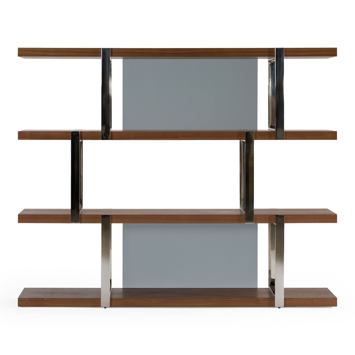 Brewer Walnut Bookshelf with Glass Panels and Stainless Steel Frame
