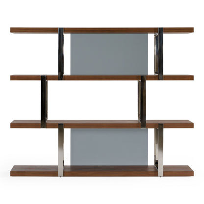 Brewer Walnut Bookshelf with Glass Panels and Stainless Steel Frame