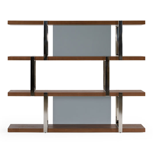 Brewer Walnut Bookshelf with Glass Panels and Stainless Steel Frame