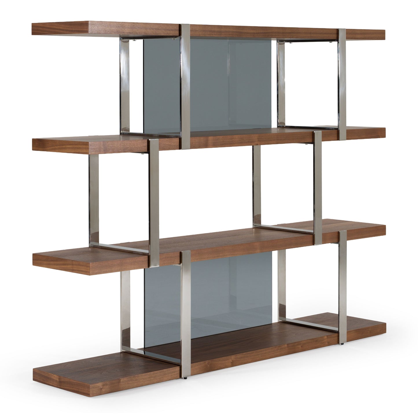 Brewer Walnut Bookshelf with Glass Panels and Stainless Steel Frame
