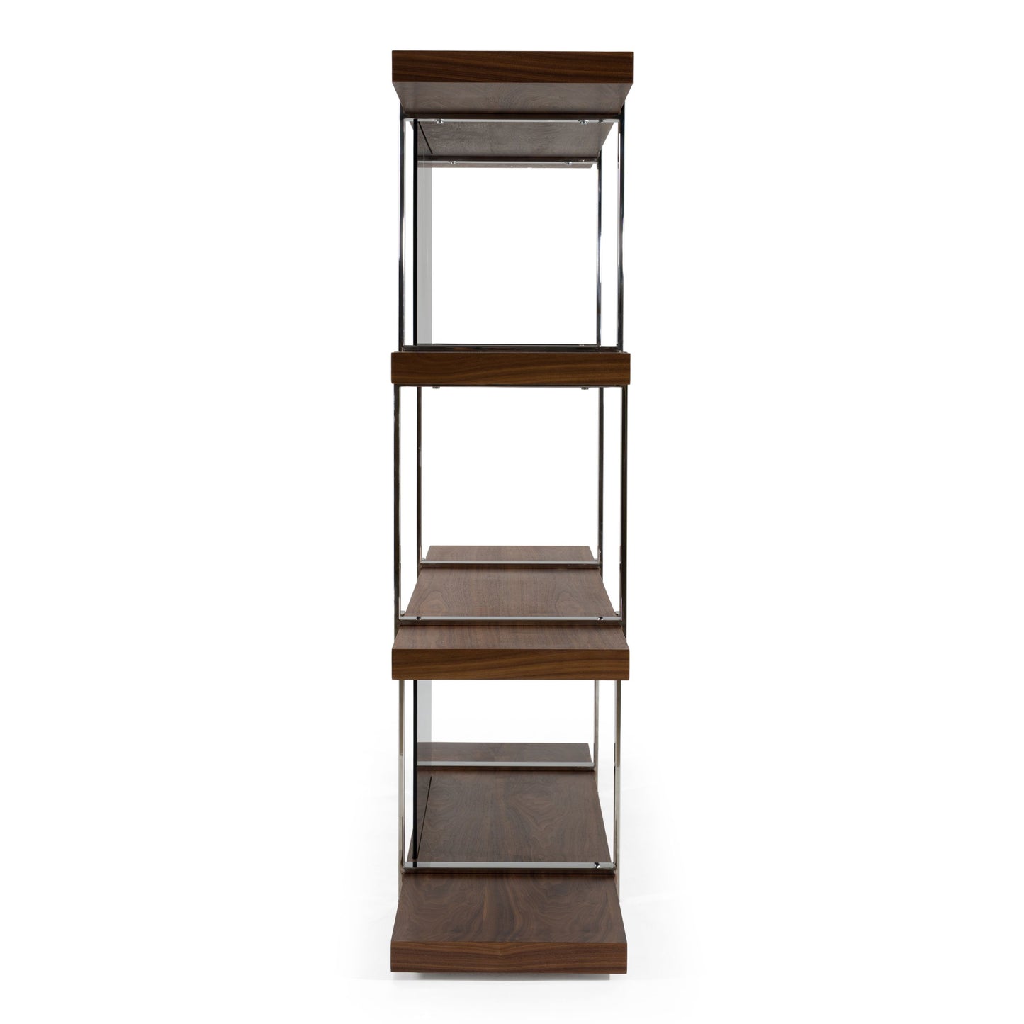 Brewer Walnut Bookshelf with Glass Panels and Stainless Steel Frame