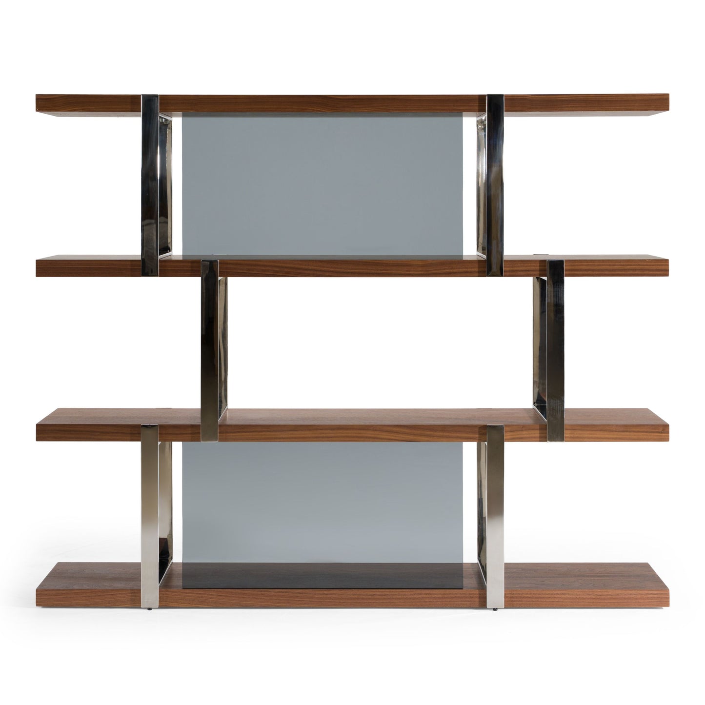 Brewer Walnut Bookshelf with Glass Panels and Stainless Steel Frame