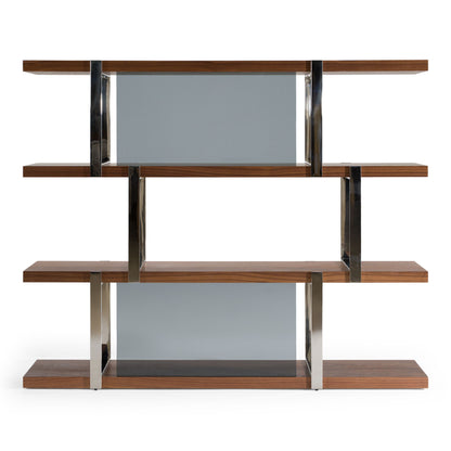 Brewer Walnut Bookshelf with Glass Panels and Stainless Steel Frame