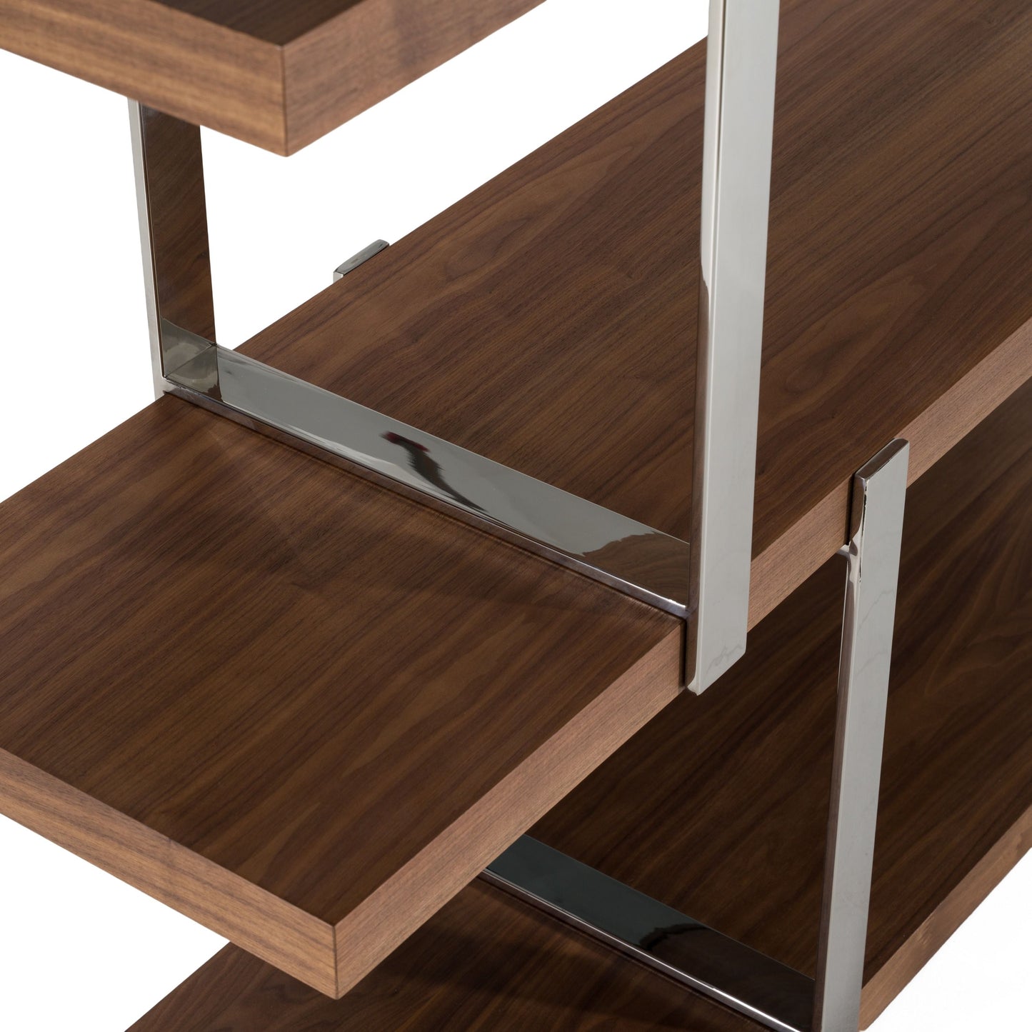 Brewer Walnut Bookshelf with Glass Panels and Stainless Steel Frame
