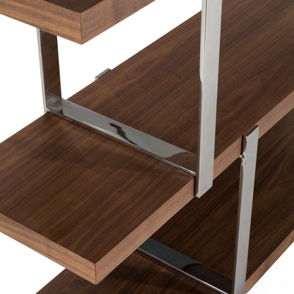 Brewer Walnut Bookshelf with Glass Panels and Stainless Steel Frame