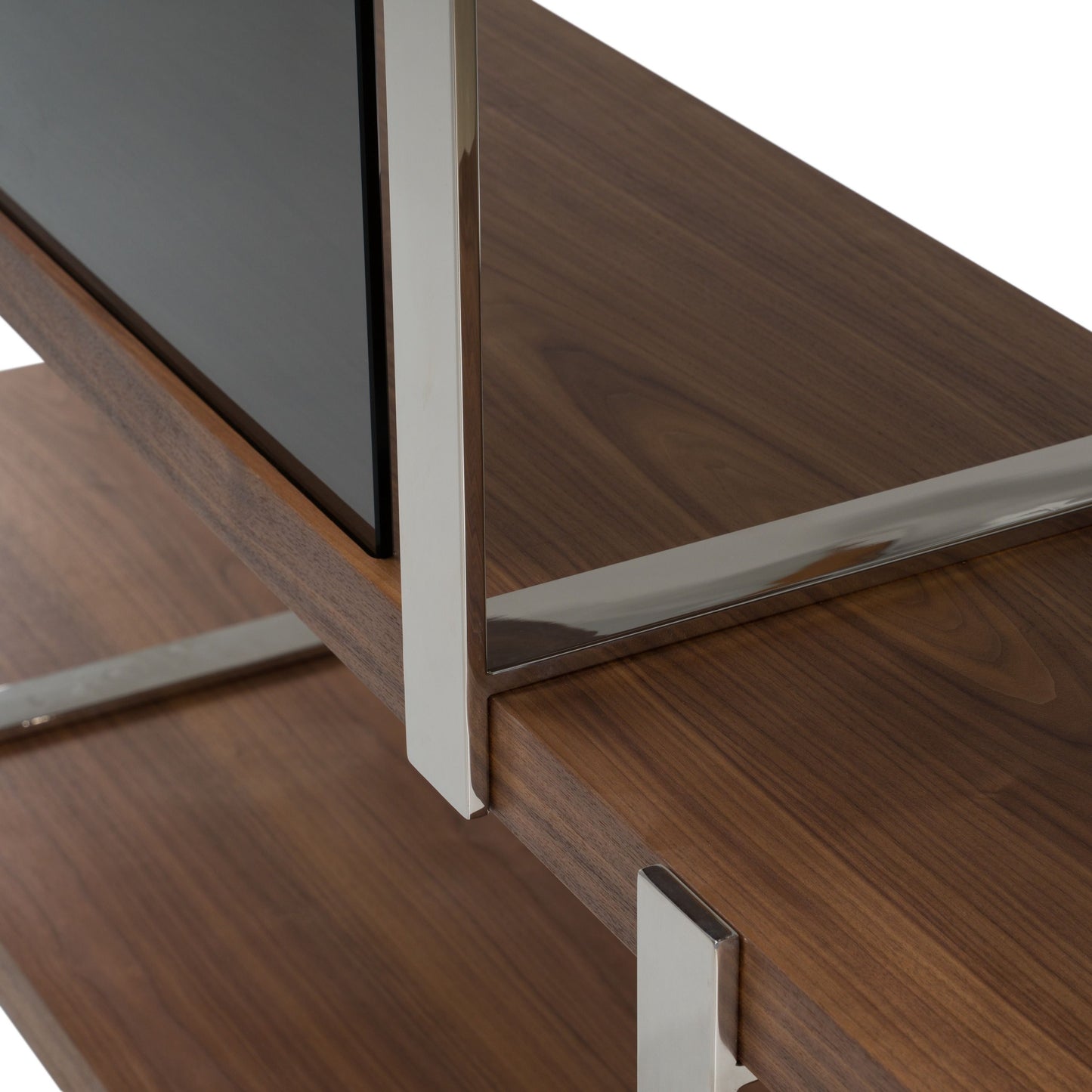 Brewer Walnut Bookshelf with Glass Panels and Stainless Steel Frame