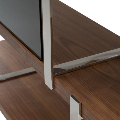 Brewer Walnut Bookshelf with Glass Panels and Stainless Steel Frame