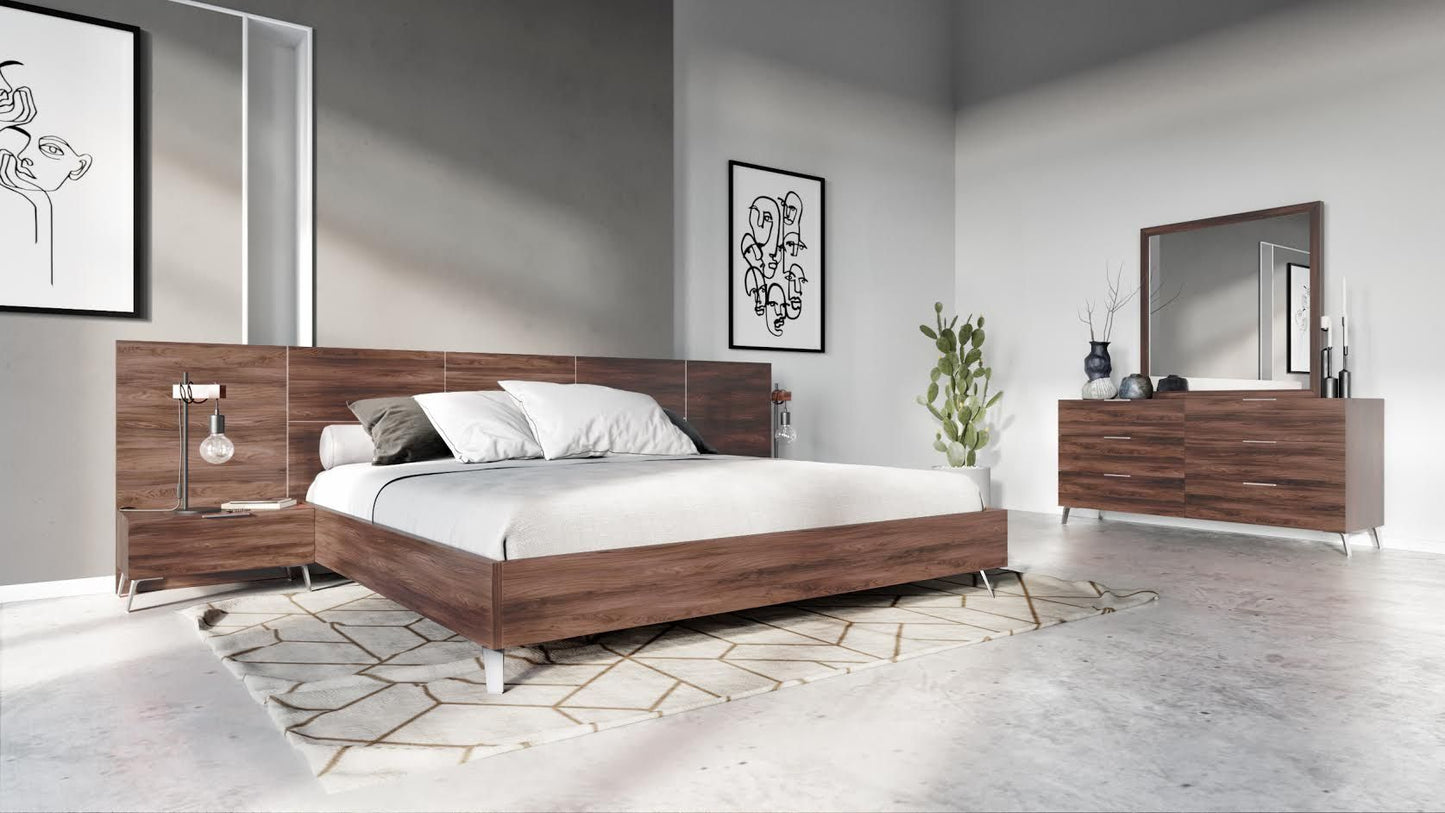 Brooklyn Italian Walnut Platform Bed with Elongated Headboard and Stainless Steel Legs